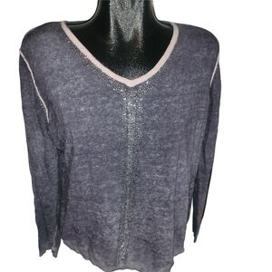 Parkhurst Blue V-Neck Sweater with Pink Trim and Rhinestone Details XL